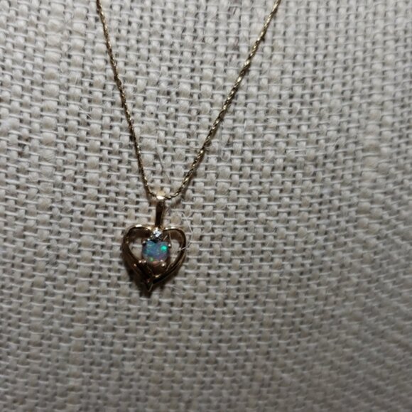 10K Yellow Gold Opal Diamond Pendant Chain is 14K Yellow Gold 16" - Picture 2 of 9